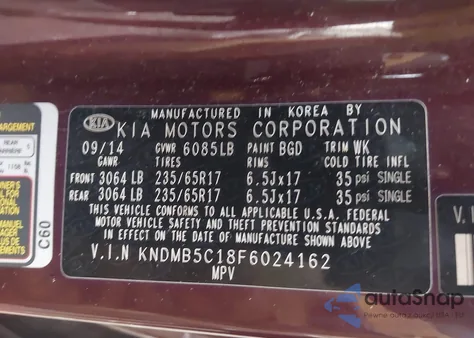 2015 Kia Sedona Lx z USA, uszkodzony, nr VIN KNDMB5C18F6024162